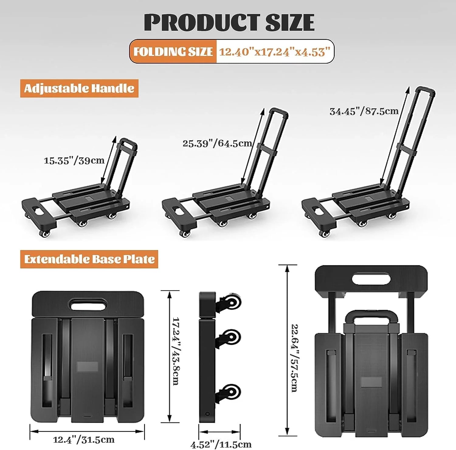 Folding Hand Truck, Small Trolley Portable 500 LB Capacity, Fold Up Hand Cart with 6 Wheels & Extendable Base, Collapsible Platform Truck for Moving, Office & Shopping, Black