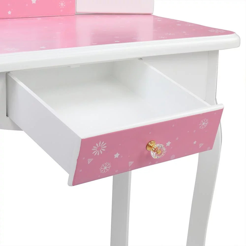 SalonMore Snow Style Wooden Kids Vanity Makeup Desk w/ Mirror,Stool,Drawer Pink
