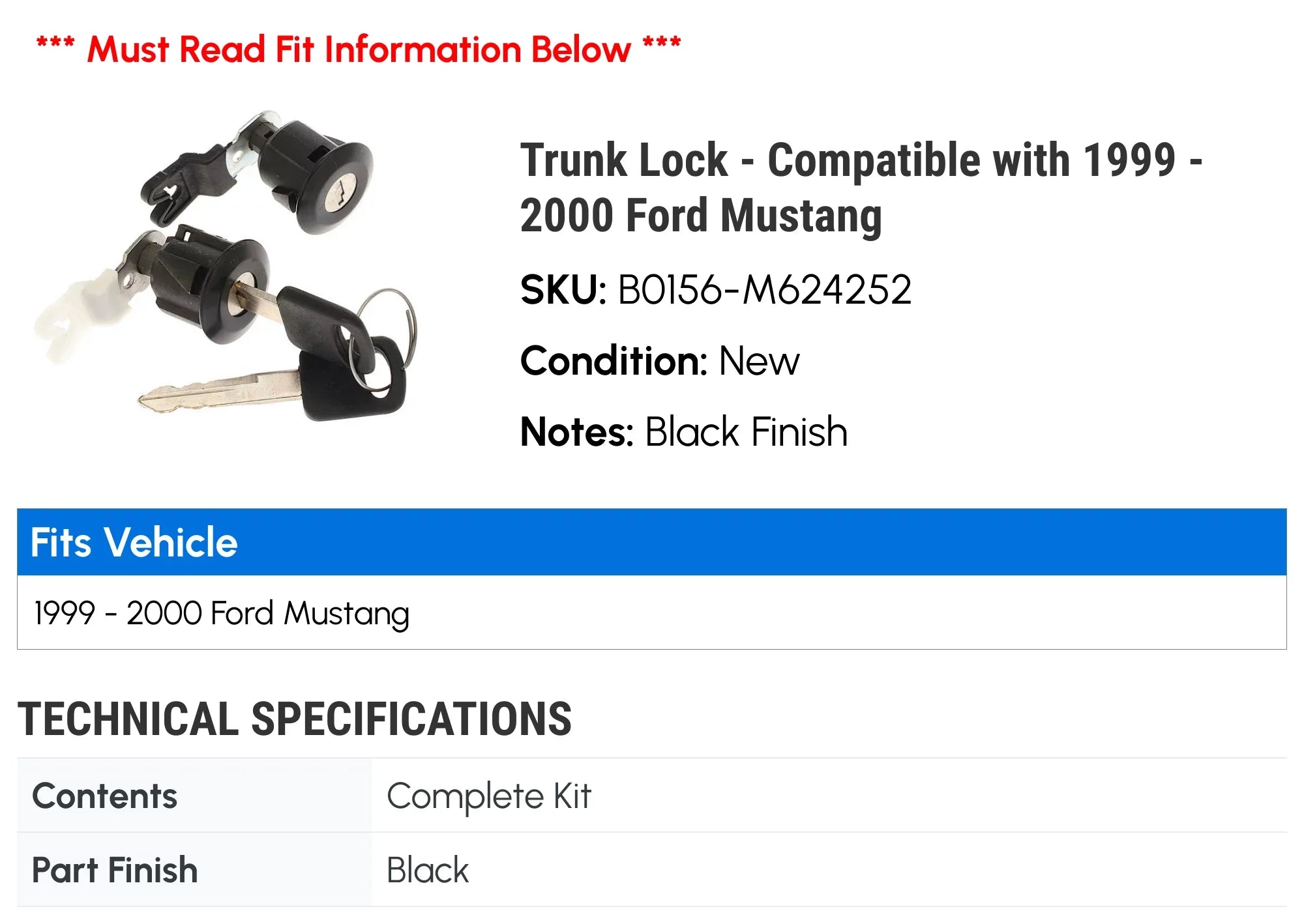 Trunk Lock - Matching with 1999 - 2000 Ford Mustang