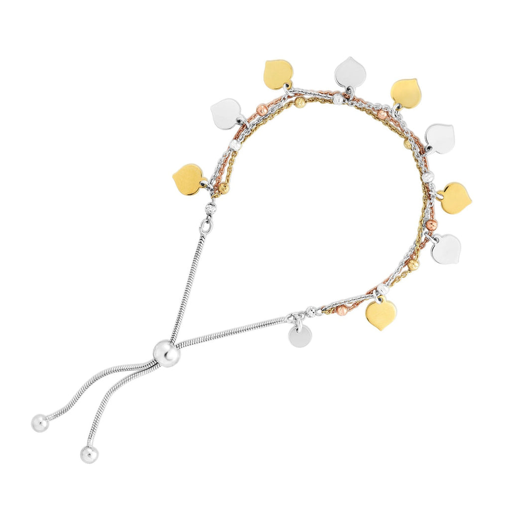 Jewelstop Sterling Silver Polished Finish Tri-Color Charm Dangle Friendship Bracelet with Draw String - 9.25"