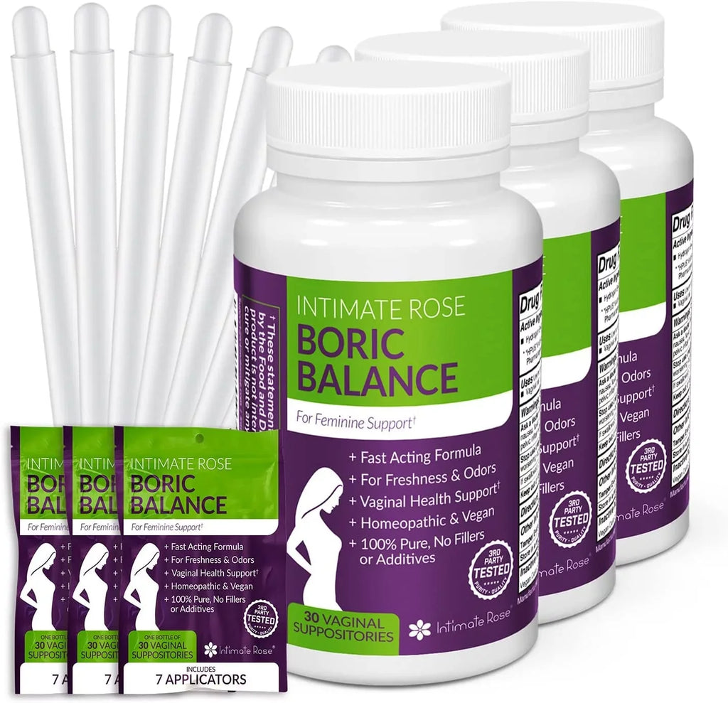 Intimate Rose Boric Acid Suppositories, pH Balance for Women, Boric Acid Vaginal Suppositories for Yeast Infection, Vaginitis, Bacterial Vaginosis, 90-Count (600mg) + 21 Applicators - 100% made in USA