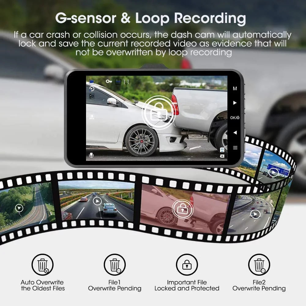 ABASK Q40S Dashcam Front and Rear 1080P FHD - 170° Wide Angle - 4 inch Screen - Reverse Parking Assistance, G-Sensor, Loop Recording, Parking Monitor, Motion Detection, WDR - With 32GB Card