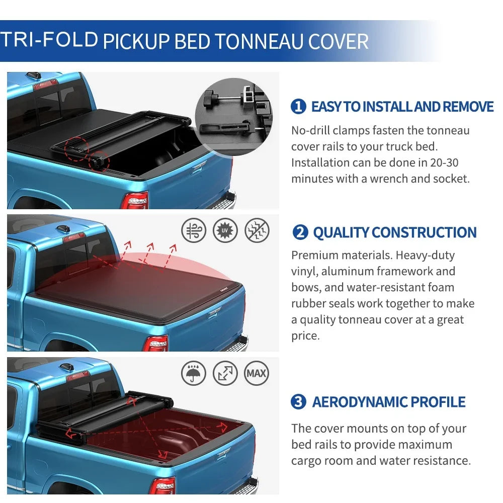 Ledkingdomus 5 ft Soft Tri-Fold Truck Bed Tonneau Protection for 2015-2023 Chevy Colorado/GMC Canyon