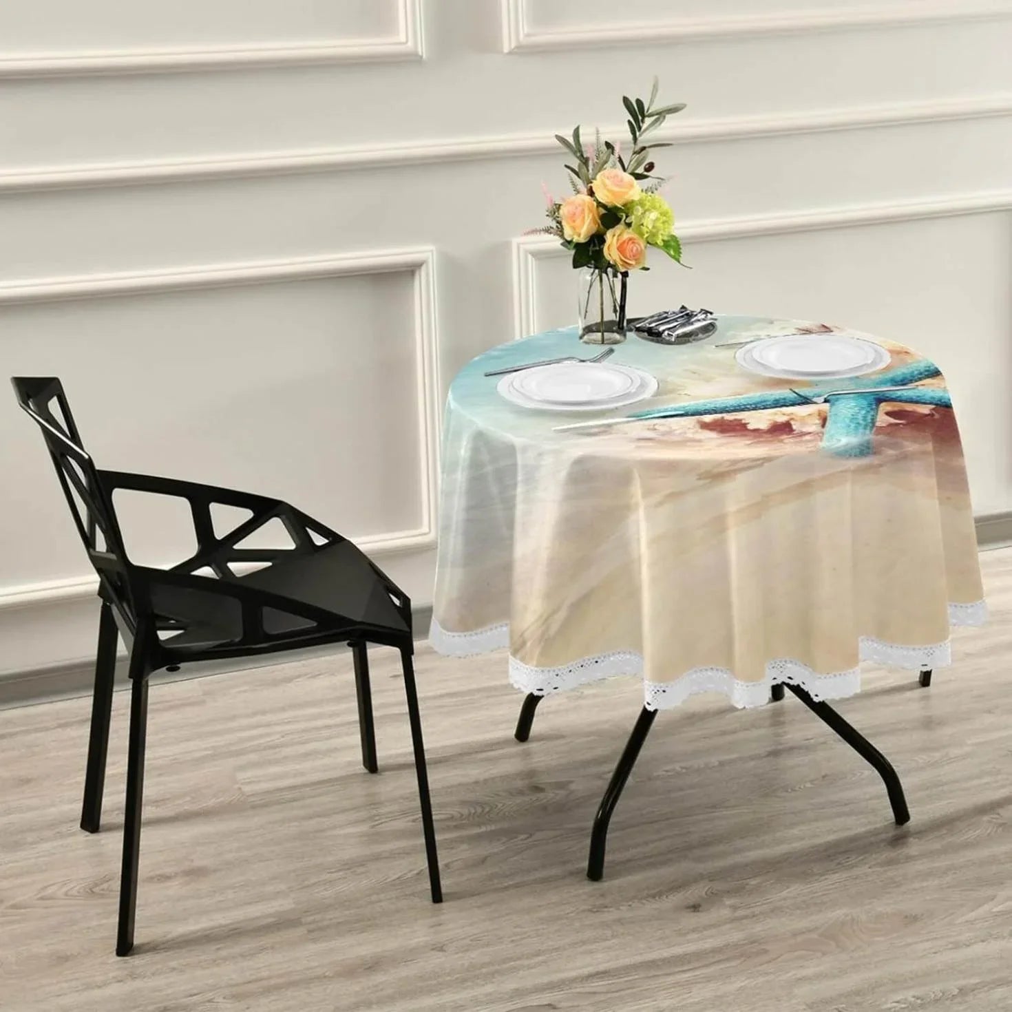 SKYSONIC Starfish Summer Beach Round Tablecloth 60inch Indoor Wrinkle Free, Sea Wave Conch Circular Lace Table Shield Washable for Kitchen Party BBQ Dining Decor