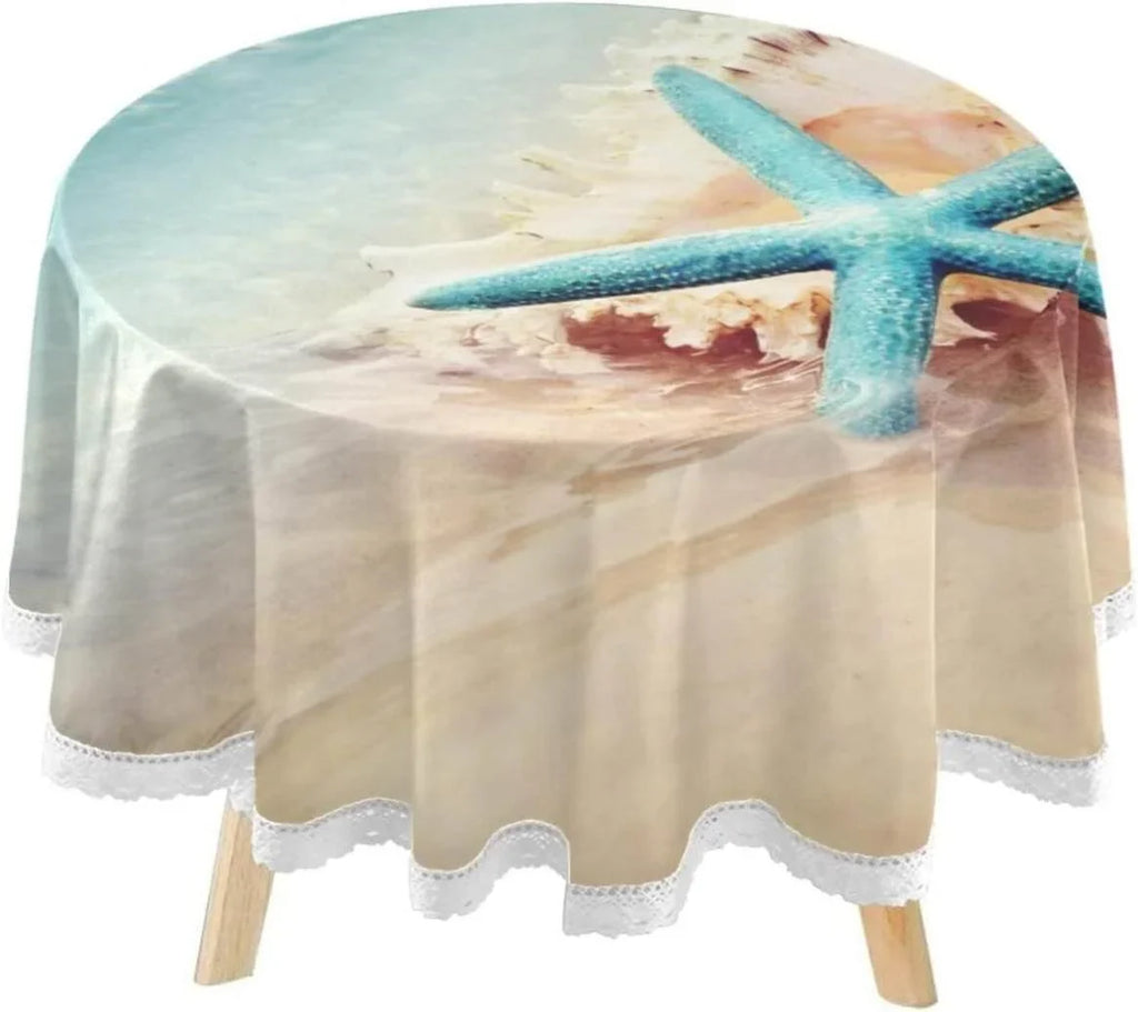 SKYSONIC Starfish Summer Beach Round Tablecloth 60inch Indoor Wrinkle Free, Sea Wave Conch Circular Lace Table Shield Washable for Kitchen Party BBQ Dining Decor