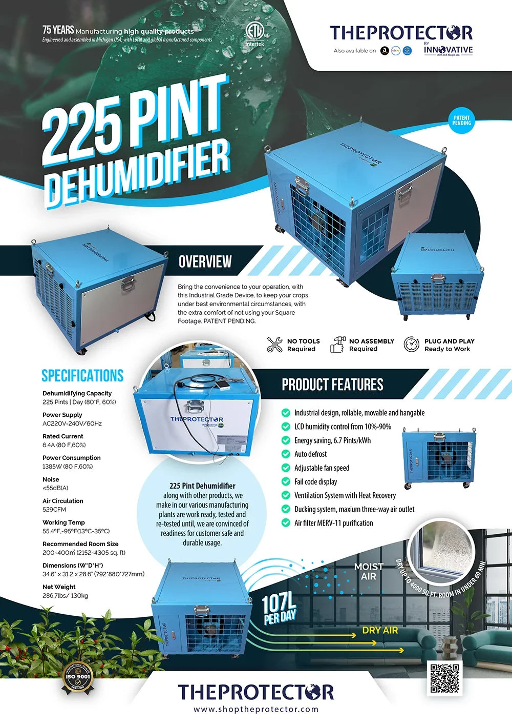 225 Pint Dehumidifier, Dehumidifier, Commercial & Industrial Dehumidifier