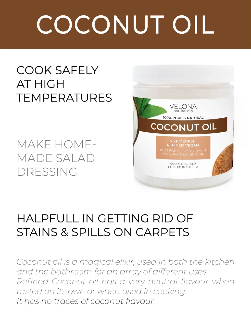 Velona Coconut Oil 76 Degree - 48 oz | 100% Pure and Natural Carrier Oil | in jar | Refined, Cold pressed | Skin, Face, Body, Hair Care