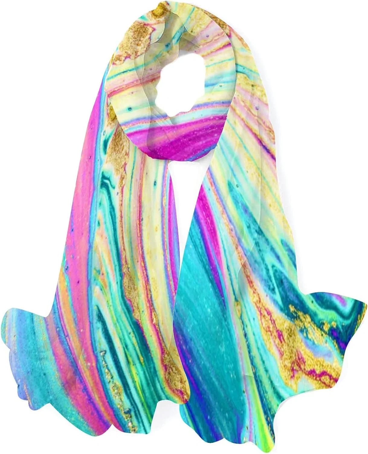 Hyjoy Watercolor Marble Art Long Silk Neck Scarf Lightweight Shawl Wrap Scarves for Women Girls