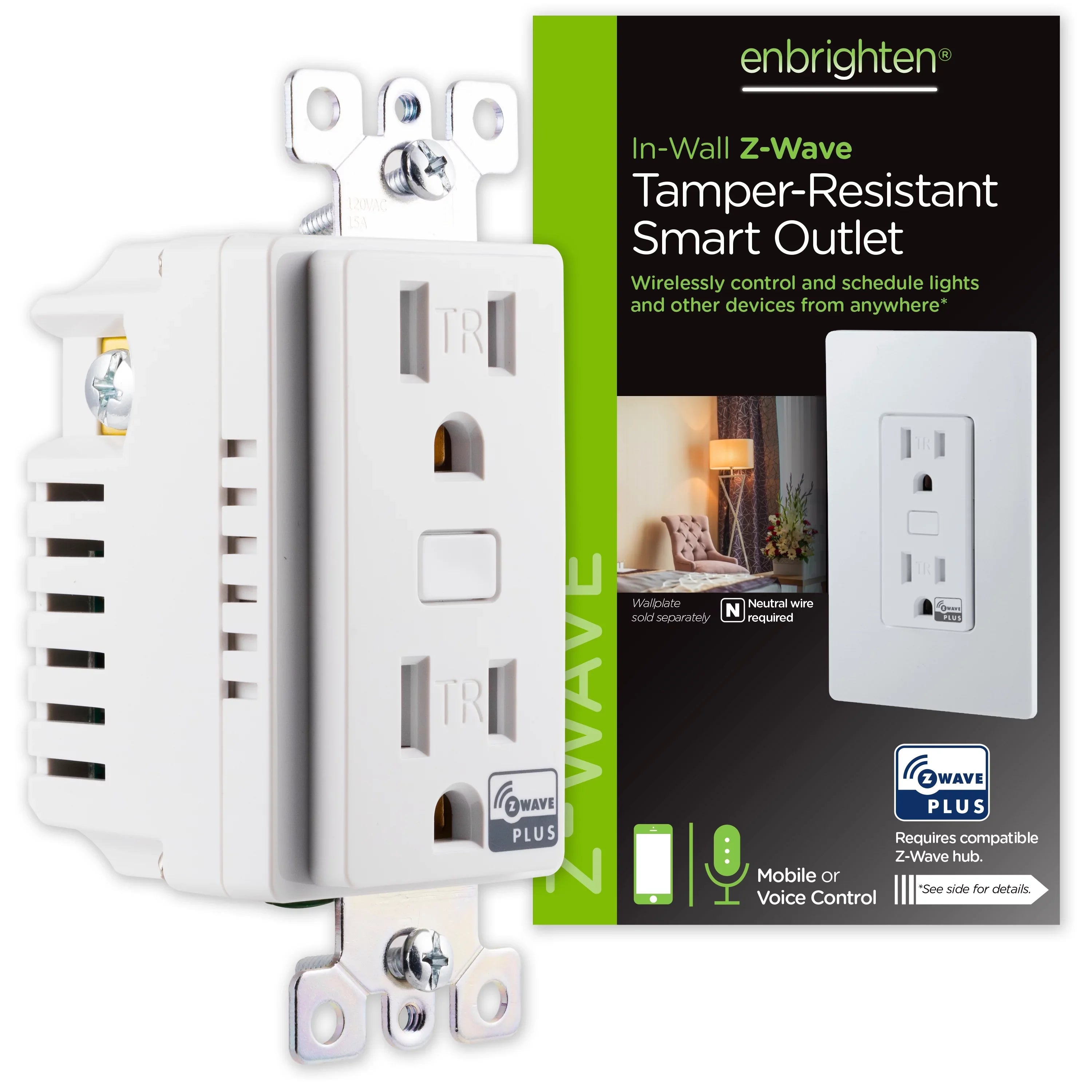 Enbrighten Z-Wave Smart Durable Outlet, Z-Wave Hub Required, 55256, White
