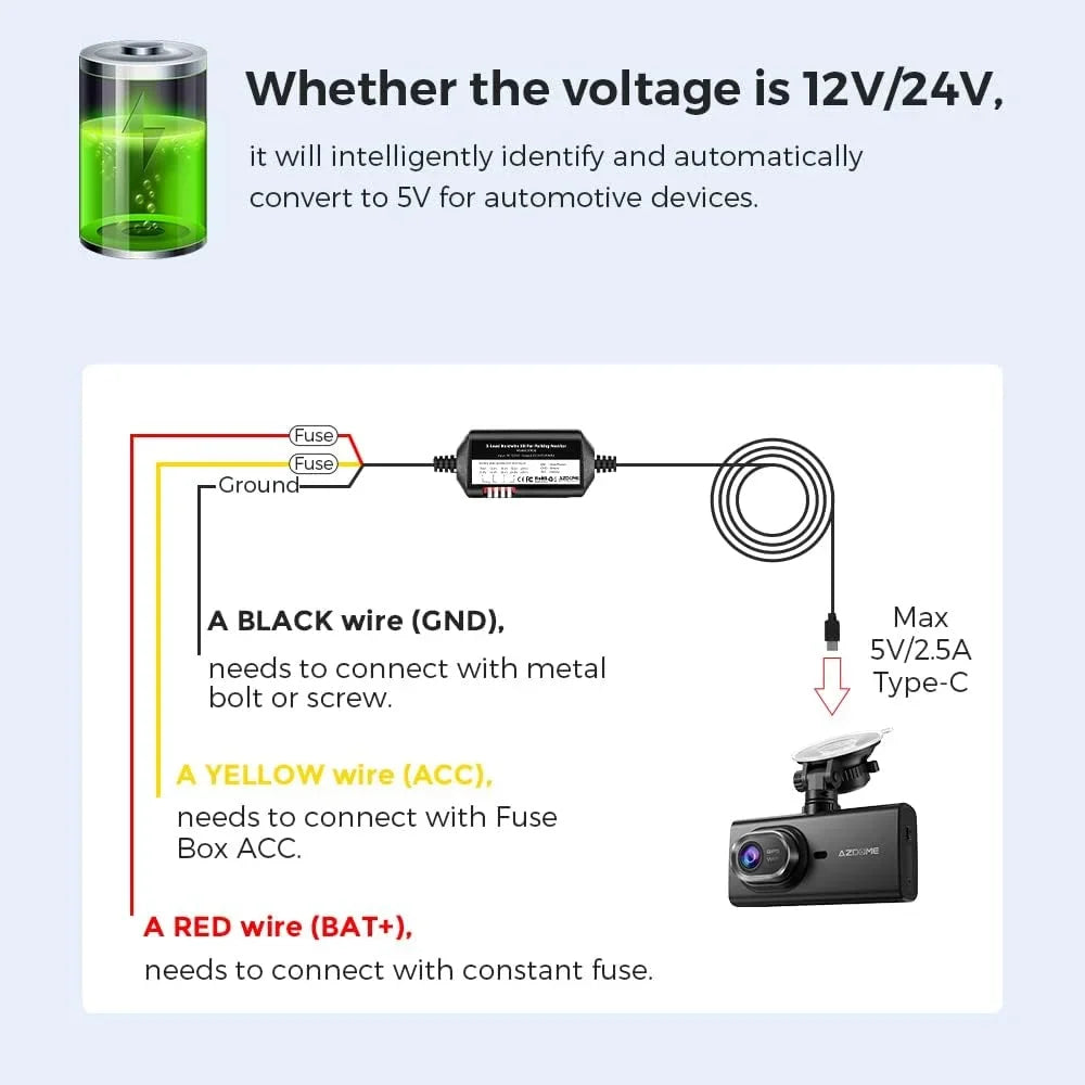 AZDOME JYX05 Dash Cam Hardwire Kit, USB Type C Hard Wire Kit for M27 M330 PG16S-3CH M580 M560-3CH PG19X Dashcam,