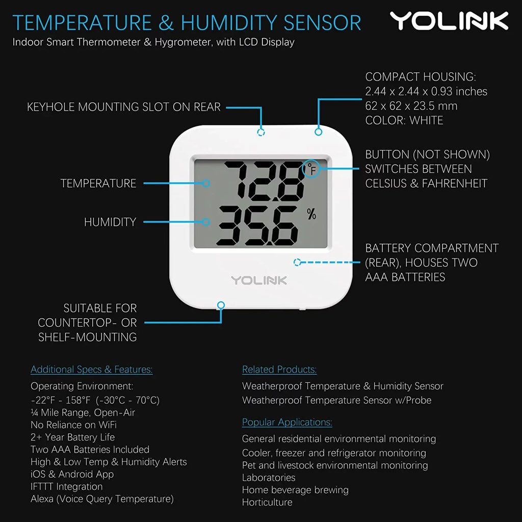 Smart Wireless Temperature / Humidity Sensor Wide Range (-22 to 158 degrees) for Freezer Fridge Monitoring Pet Cage/Tank Monitoring Smartphone Alerts, Works with Alexa IFTTT, 2 Pack - Hub Included