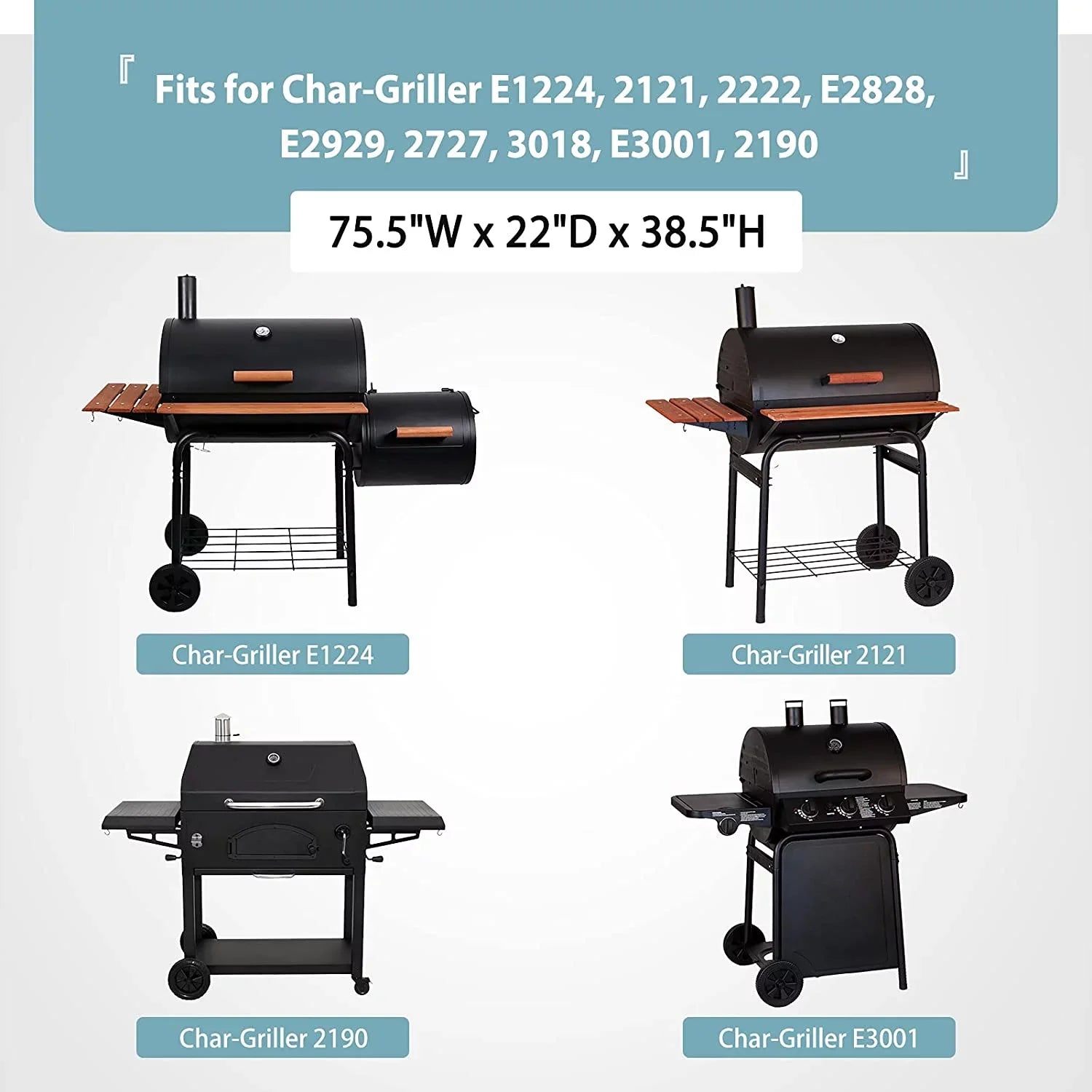 Waterproof Grill Protection for Char-Griller 11" Grill, Heavy Duty 600D Polyester with Anti-UV Coating, 75.5" x 22" x 38.5"