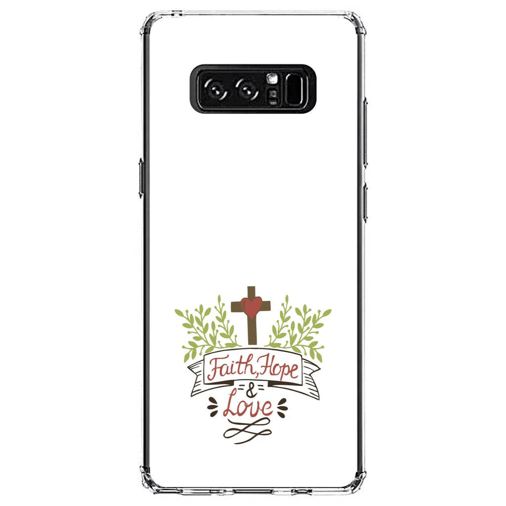 DistinctInk Clear Shockproof Hybrid Case for Samsung Galaxy Note 8 - TPU Bumper, Acrylic Back, Tempered Glass Screen Protector - Faith, Hope & Love - Cross & Leaves