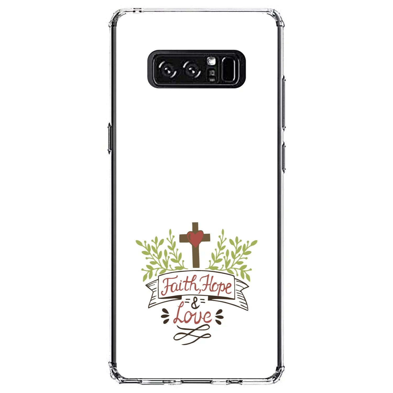 DistinctInk Clear Shockproof Hybrid Case for Samsung Galaxy Note 8 - TPU Bumper, Acrylic Back, Tempered Glass Screen Protector - Faith, Hope & Love - Cross & Leaves
