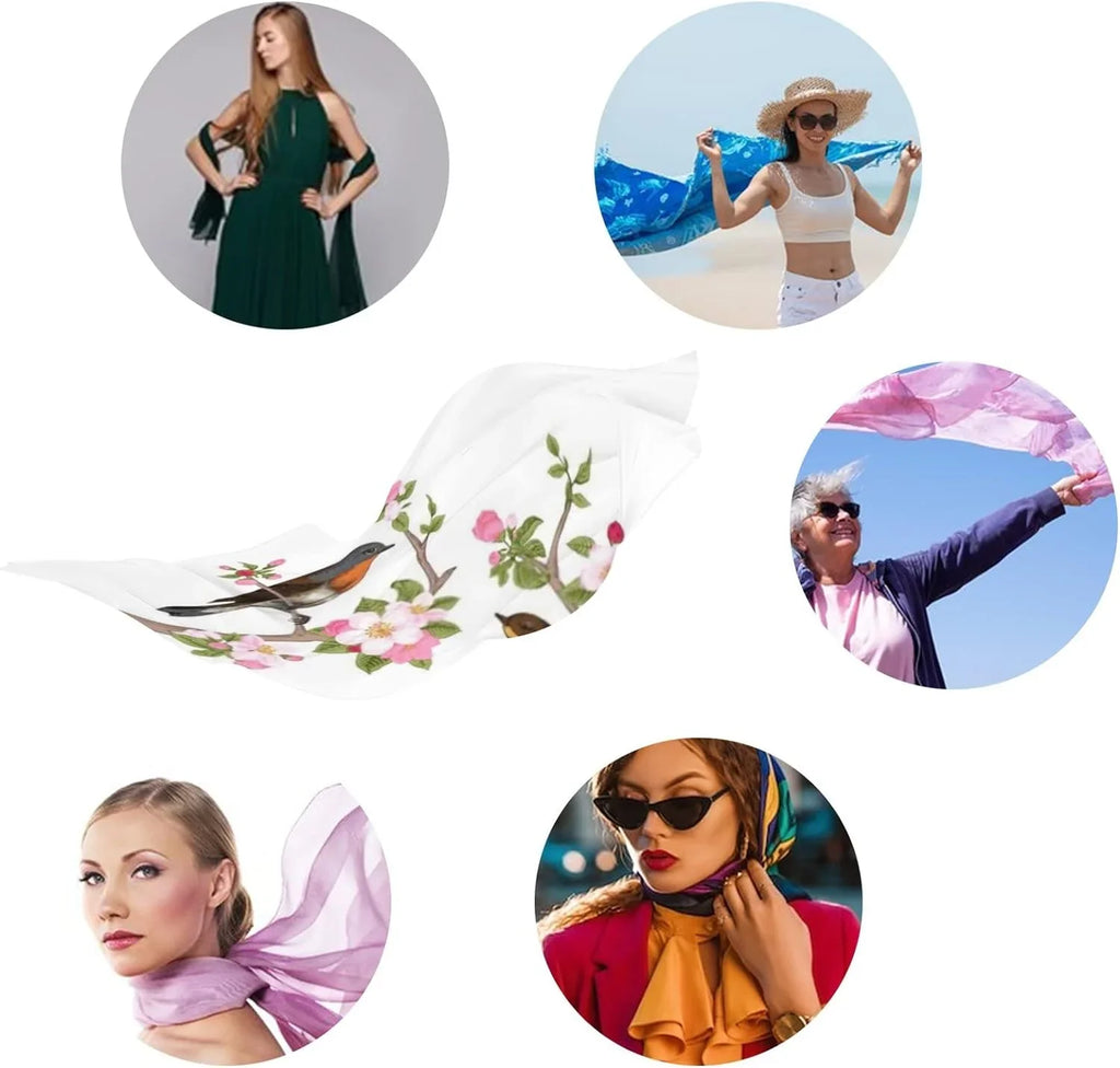 Hyjoy Vintage Spring Birds on Pink Flowers Long Silk Neck Scarf Lightweight Shawl Wrap Scarves for Women Girls