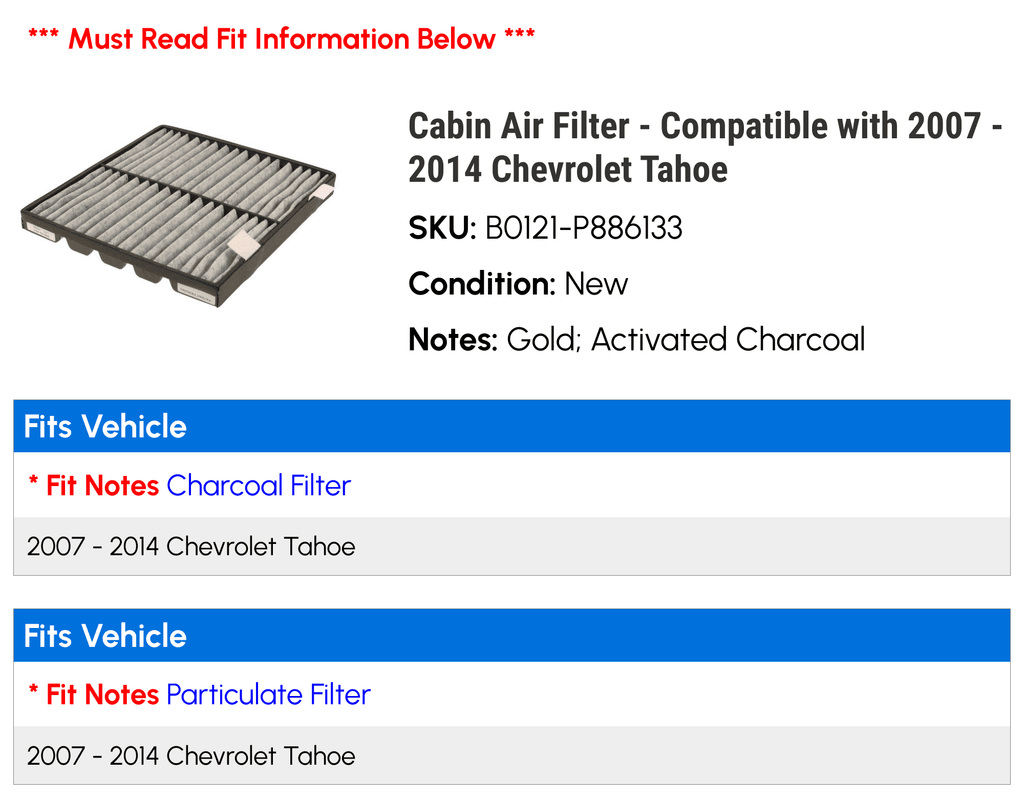 Cabin Air Filter - Fitting with 2007 - 2014 Chevy Tahoe 2008 2009 2010 2011 2012 2013