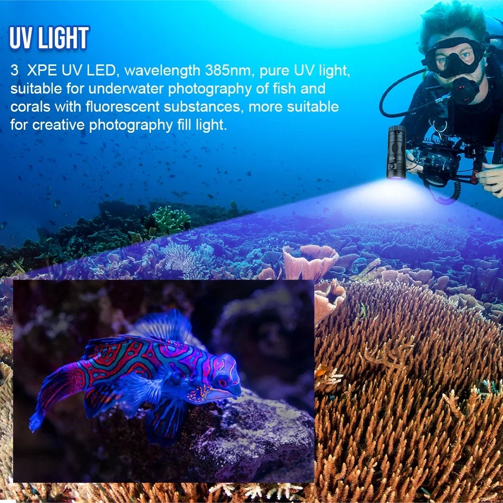 TrustFire DF90 Scuba Diving Light, 15000 Lumens Video Camera Photography Dive LED Flashlight, 70M Underwater Scuba Diving Flashlight, Super Bright, with Violet Red White Lights