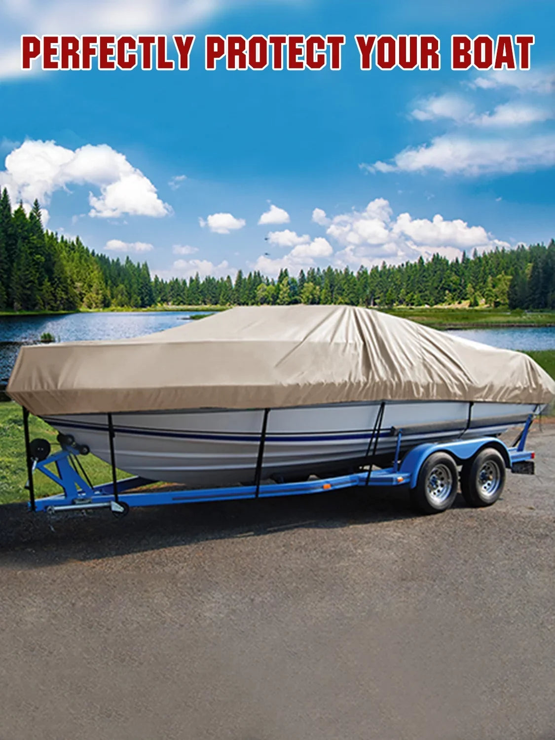 AngLink 17 - 19 ft Waterproof Vessel Wrap - 600D Heavy Duty Polyester Oxford Bass Runabout Craft Shield Resilient and Tear Proof, All Condition Protection Fits V-Hull, TRI-Hull, Pro-Style | Beige