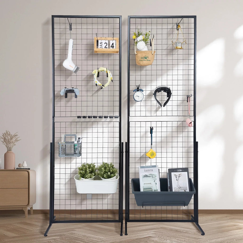BENTISM 2' x 5.6' Grid Wall Panels Tower, 2 Packs Wire Gridwall Display Racks with T-Base Floorstanding, Double Side Gridwall Panels for Art Craft Shows, Retail Display with Extra Clips and Hooks
