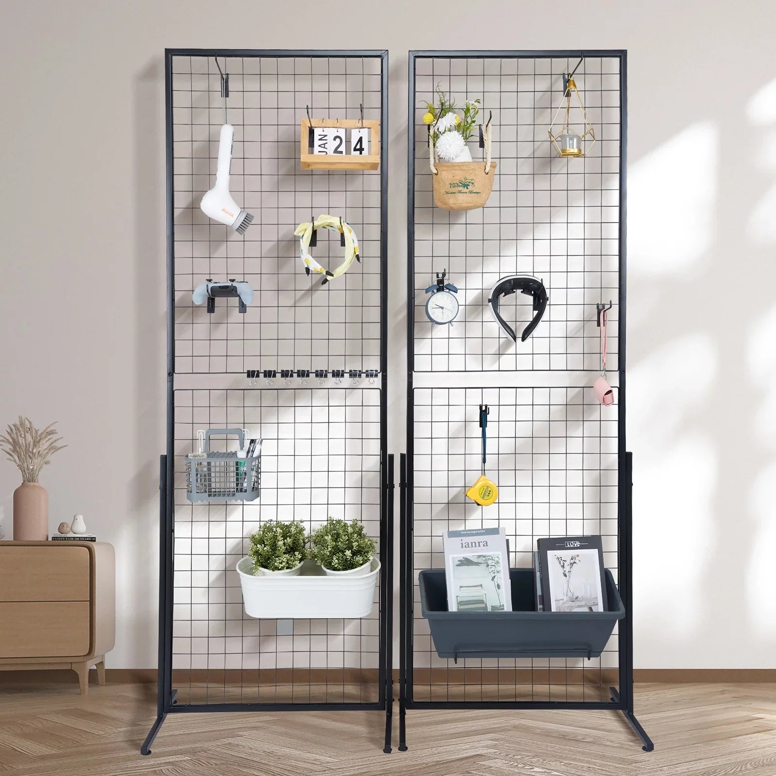 BENTISM 2' x 5.6' Grid Wall Panels Tower, 2 Packs Wire Gridwall Display Racks with T-Base Floorstanding, Double Side Gridwall Panels for Art Craft Shows, Retail Display with Extra Clips and Hooks