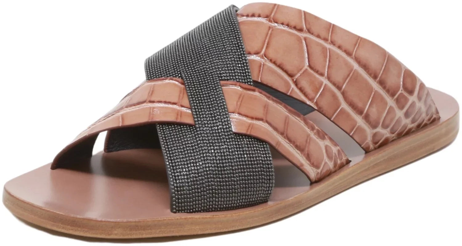 Brunello Cucinelli Women's Lizard-Effect Metallic Sliders Black / Snake Leather Sandal - 7 M