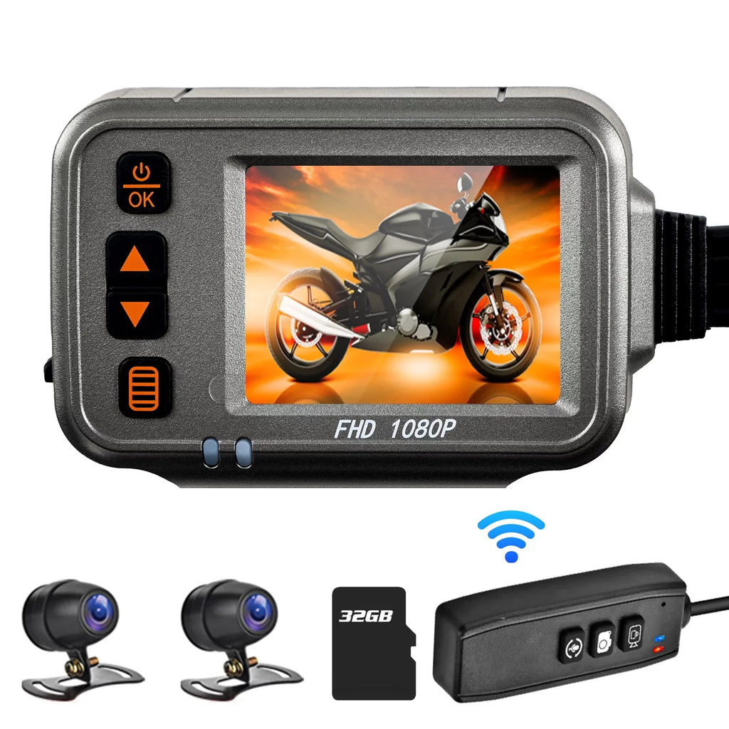 Pinnaco Motorcycle Dash Cam WiFi Dual 1080p Motorbike Camera Full HD Waterproof Night Vision - 32G Storage Card Included