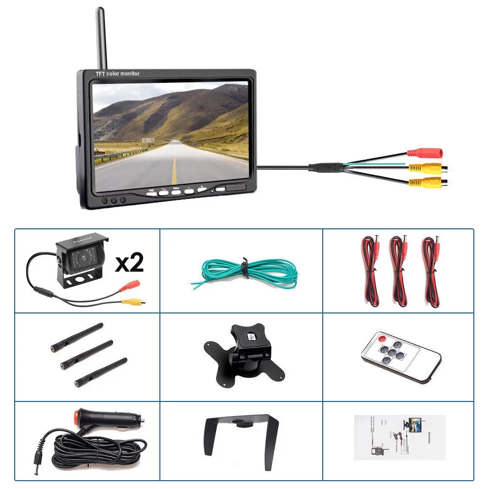 Podofo Wireless Vehicle Truck 2 Backup Parking Assistance System, Ir Night Vision Waterproof Rear View Camera + 7" Monitor for RV Truck Trailer Bus