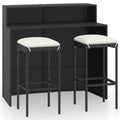 Dcenta 3 Piece Garden Bar Set Table with Storage Shelf and 2 Cushioned Stool Chairs Dining Set Black Poly Rattan for Bistro, Pub, Backyard, Terrace, Patio