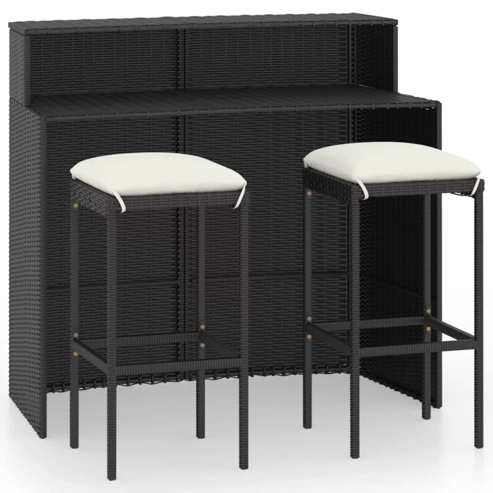 Dcenta 3 Piece Garden Bar Set Table with Storage Shelf and 2 Cushioned Stool Chairs Dining Set Black Poly Rattan for Bistro, Pub, Backyard, Terrace, Patio