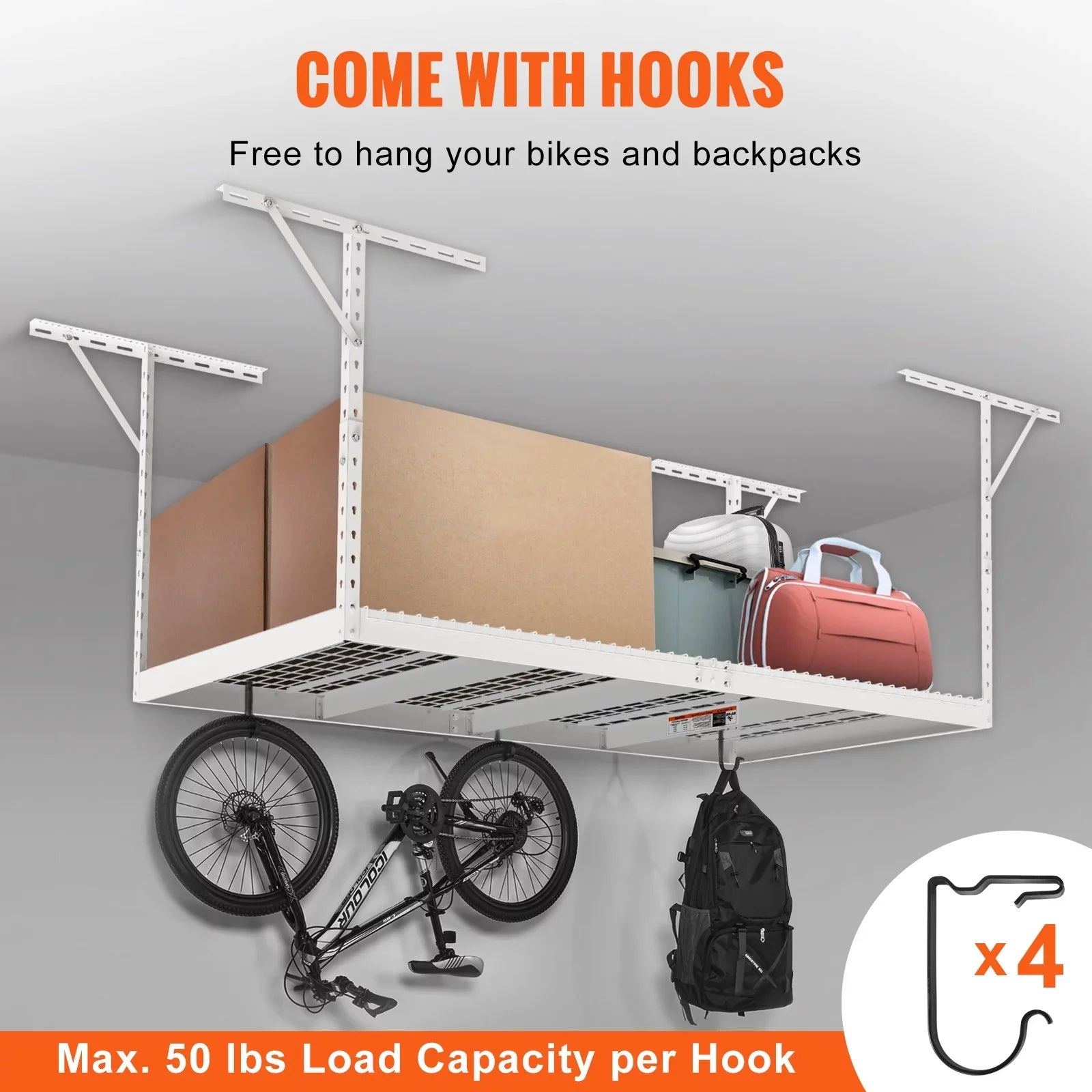 BENTISM Overhead Adjustable Garage Storage Rack 48x96in Ceiling Rack 600lbs White