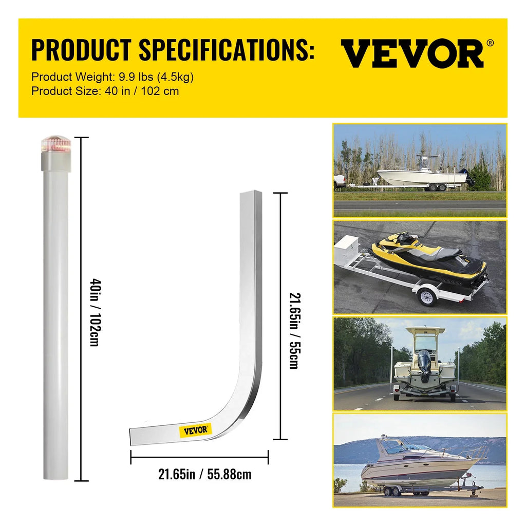 VEVORbrand Craft Trailer Guide-on, 40", 2pcs Galvanized Steel Trailer Post Guide on, with LED-Lighted PVC Tube Wrap Mounting Hardware Included, for Ski Ship Fishing Watercraft or Vessel Trailer