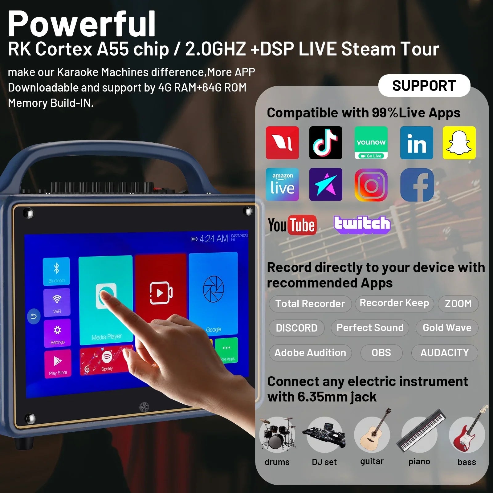 Portable Karaoke Machine Systems Wireless BT Streaming Loudspeaker for Adults&Kid,14”HD Touch Screen/Android 12/4+64G,Support Microphone/WiFi/USB/SD/PC/TV/Phones/HDMI