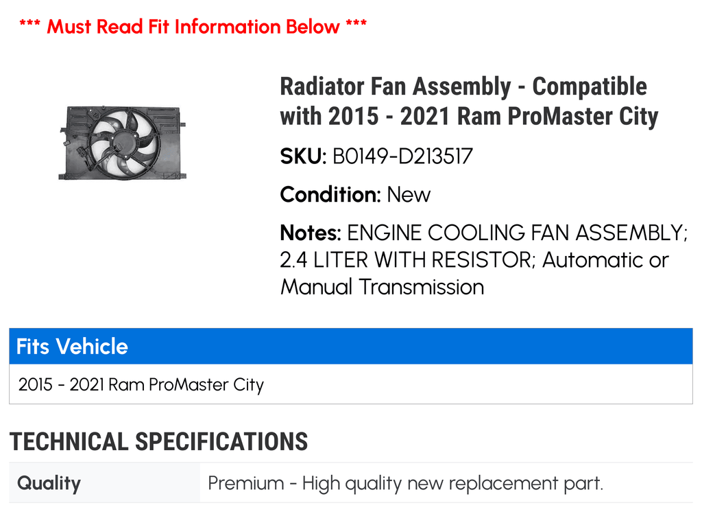 Radiator Fan Assembly - Fitting with 2015 - 2021 Ram ProMaster City 2016 2017 2018 2019 2020