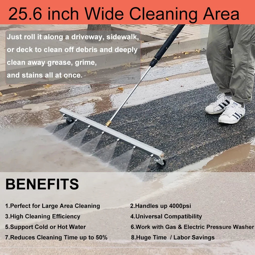 iMeshbean 25.6 Inch Pressure Washer Water Broom Surface Cleaner 4000 PSI Power Broom Sweeper with 7 Nozzles and 2 Extension Wand for Concrete Driveway Sidewalk Deck, Roof，Floor Cleaning