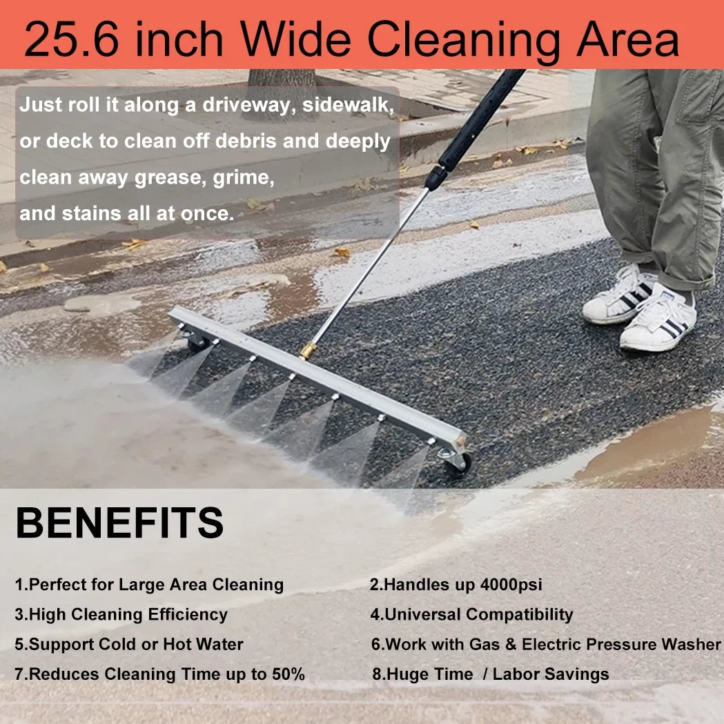iMeshbean 25.6 Inch Pressure Washer Water Broom Surface Cleaner 4000 PSI Power Broom Sweeper with 7 Nozzles and 2 Extension Wand for Concrete Driveway Sidewalk Deck, Roof，Floor Cleaning