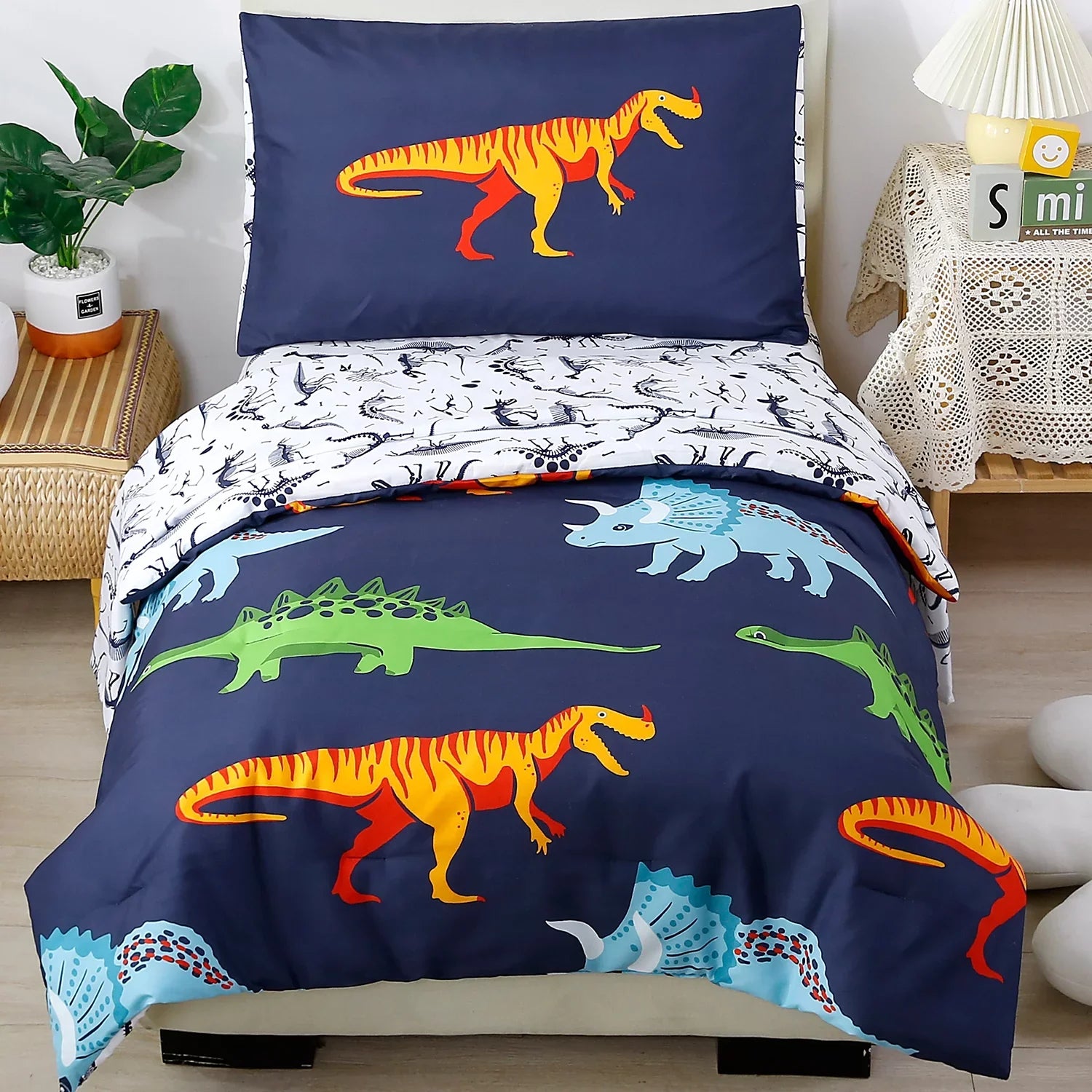 PERFEMET 4-Piece Toddler Bedding Set - Ultra Soft Cartoon Jurassic Dinosaur Print Boys Toddler Comforter Set - Include Comforter, Flat Sheet, Fitted Sheet and Reversible Pillowcase, Blue Dinosaur