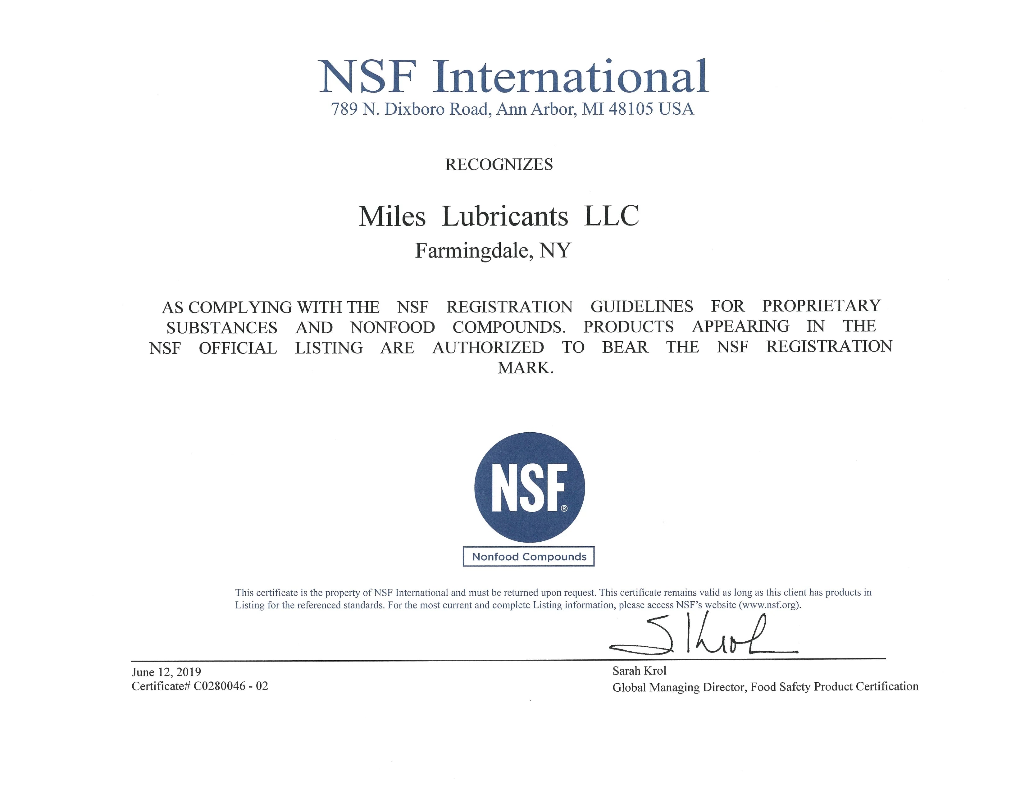 Miles Fg Hydro Fr ISO 46 Food Grade Fire Strong Pao Based Hydraulic Fluid Nsf H1 Registered 41 Gallon Case