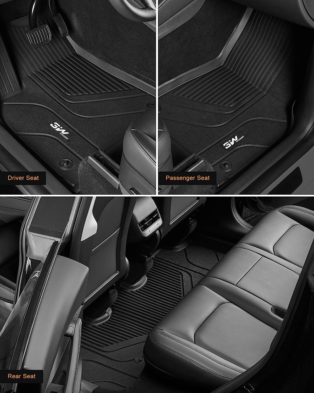 3W Floor Mats & Cargo Liner for Tesla Model Y 2020-2023 TPE All Environment Custom Fit Floor Liner for Tesla Y 1st&2nd Row and Trunk Black Car Mats