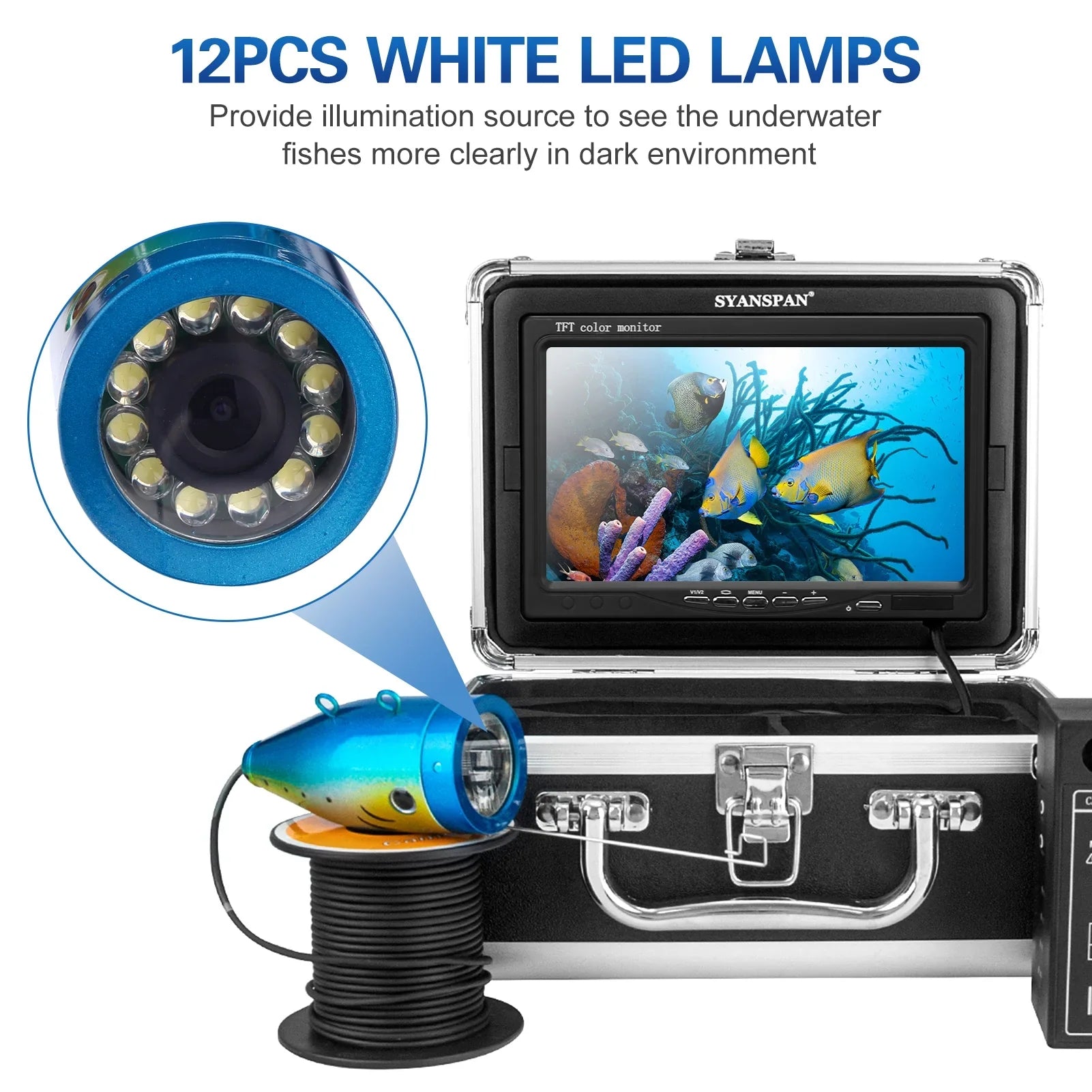 SYANSPAN Underwater Camera,Camera Fish 12 7 Inch 1200tvl Led Lamps 15m 12 White Led 12 Infrared Led Lamps 15m Ice 15m Ice Sea Buzhi Eryue Huiop 1200tvl Under Camera Siuke