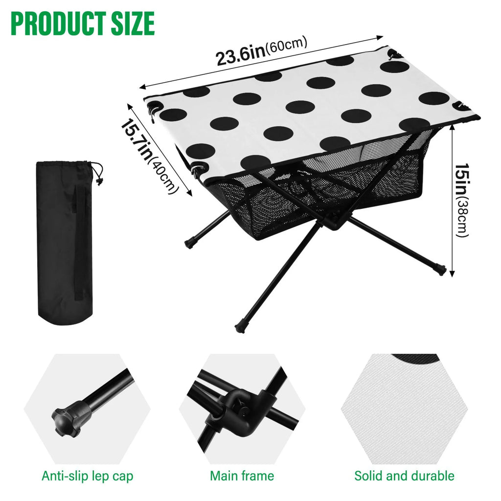 Black Polka Dots Camping Foldable Portable Table Beach Table with Storage Bag Compact Picnic Table for Outdoor Hiking Fishing BBQ