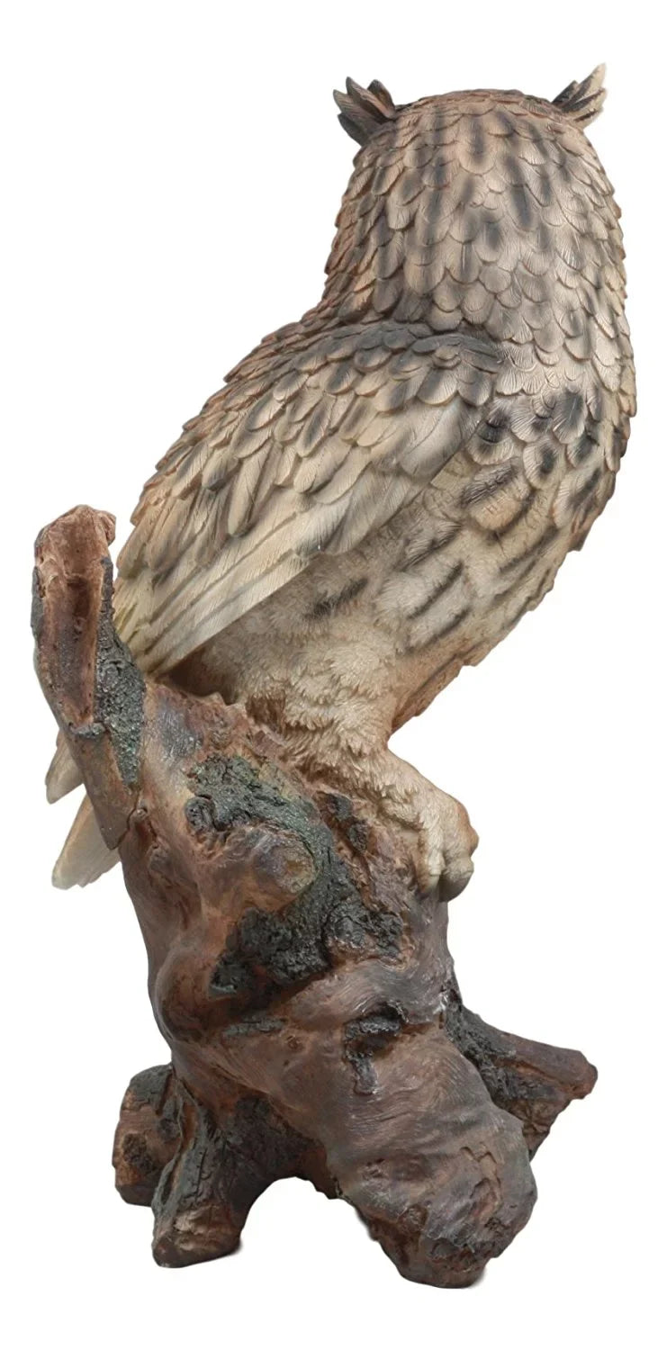Ebros Realistic Nature Wildlife Eurasian Eagle Owl Perching On Tree Statue 14.25"Tall Lifelike Nocturnal Owl Taxidermy With Glass Eyes Figurine