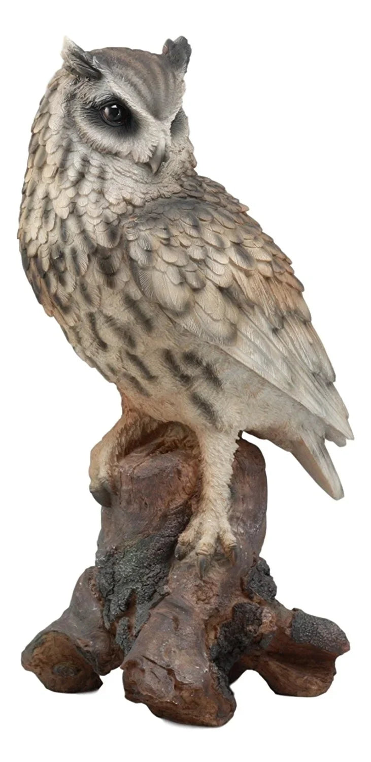 Ebros Realistic Nature Wildlife Eurasian Eagle Owl Perching On Tree Statue 14.25"Tall Lifelike Nocturnal Owl Taxidermy With Glass Eyes Figurine