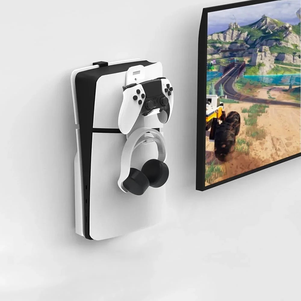 Uberwith Steel Wall Mount Bracket Fitting with PS5 Slim, Stable Metal Wall Hanging Stand for PS5 Slim with Controller Holder & Headphone Hanger,Black