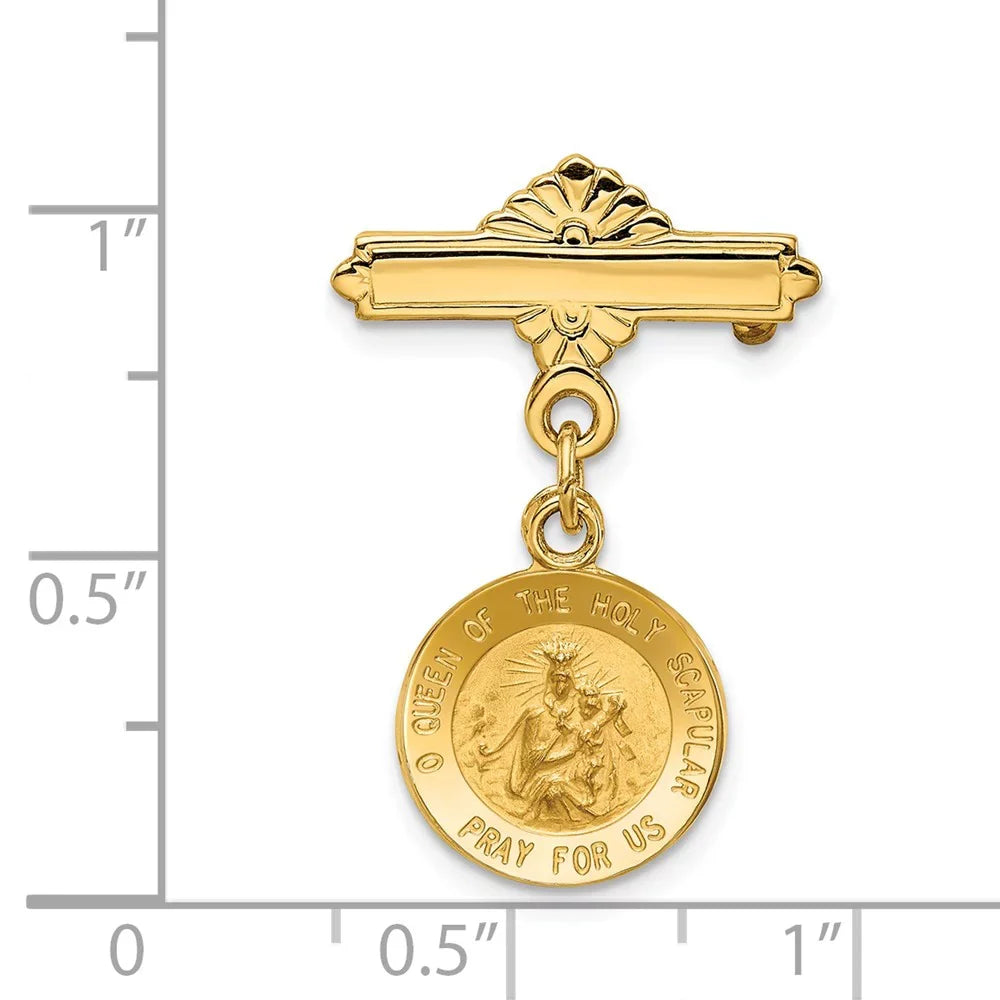 14K Yellow Gold Reversible Queen Of The Holy Scapular sacred Heart Medal Pin (25 mm X 17 mm)