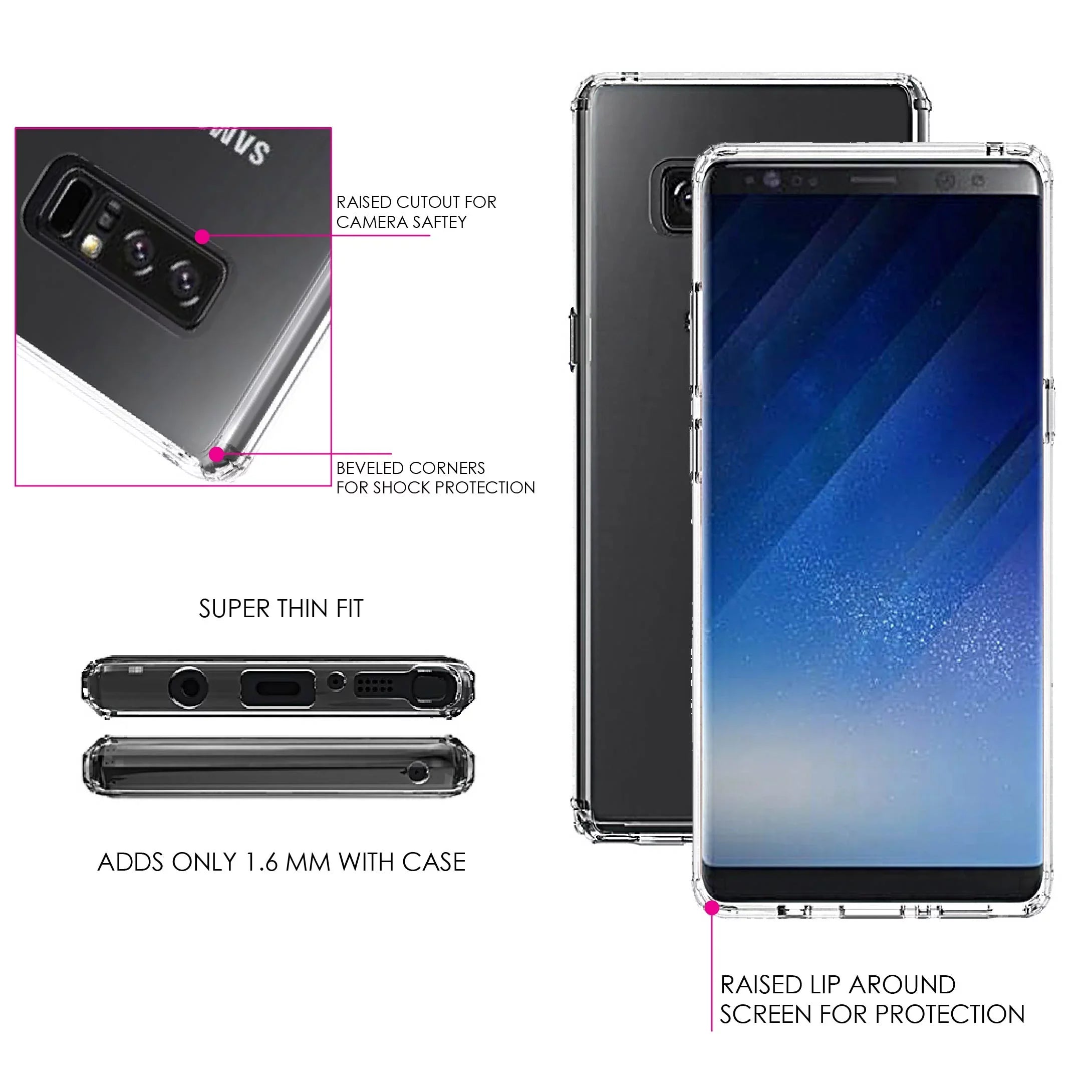DistinctInk Clear Shockproof Hybrid Case for Samsung Galaxy Note 8 - TPU Bumper, Acrylic Back, Tempered Glass Screen Protector - Faith, Hope & Love - Cross & Leaves