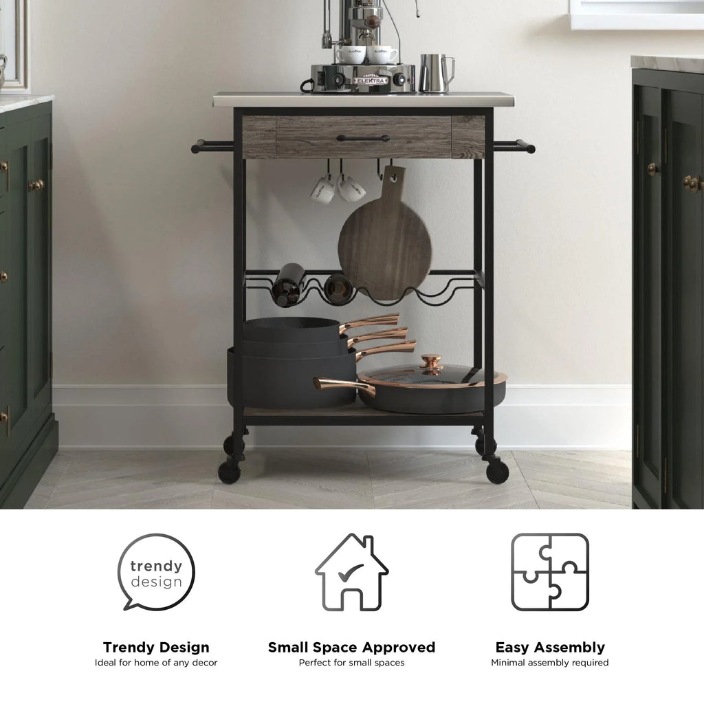 Novogratz Nora Multifunctional Kitchen Cart, Wine Rack and Pantry Storage, Stainless Steel and Black Metal, Brown