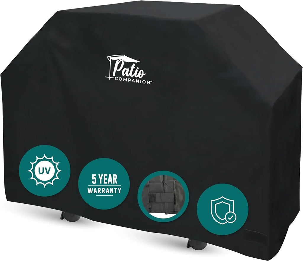 Patio Companion Professional, 65 Inch BBQ Grill Wrap 5 Year Warranty, Heavy-Grade UV Blocking Material, Waterproof and Environment Impervious Gas Grill Protection for Weber, Char Broil, Broil King, Black